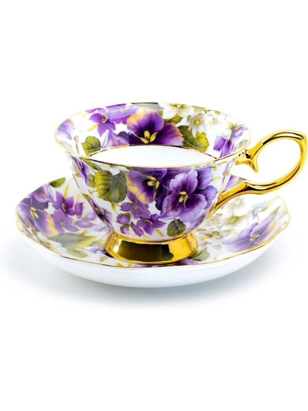 Elegant Purple Pansy Gold Trim Bone China Tea Cup & Saucer Set - Vintage Style